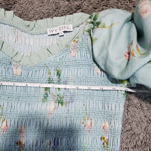 Ivy City Co Blue Foral Tiered Puff Sleeve Linen Ruched Midi Dress - Large - Picture 6 of 10